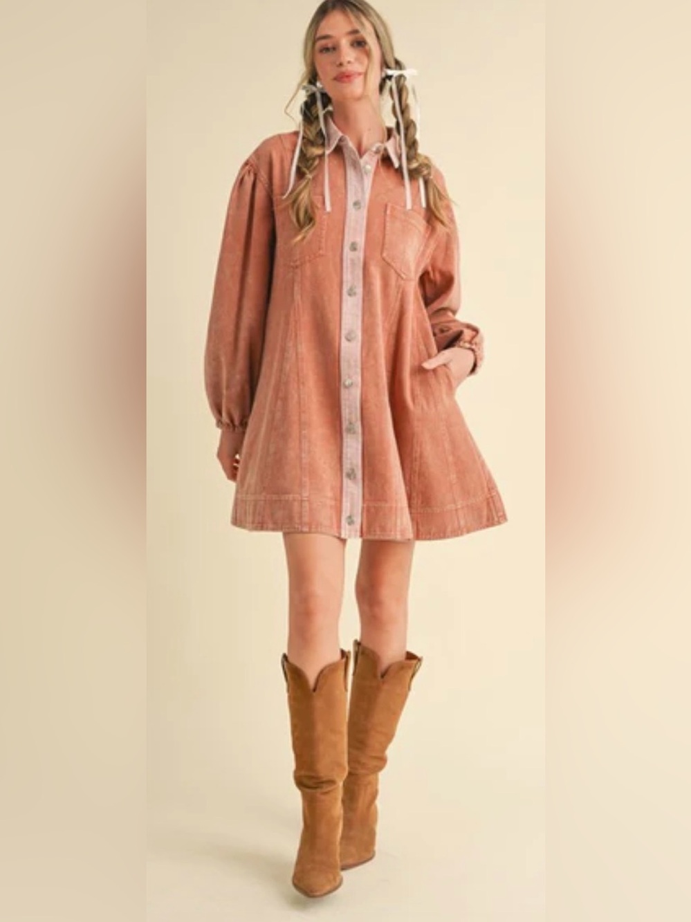&merci Button-Front Rust Coral Dress with Long Puff Sleeves